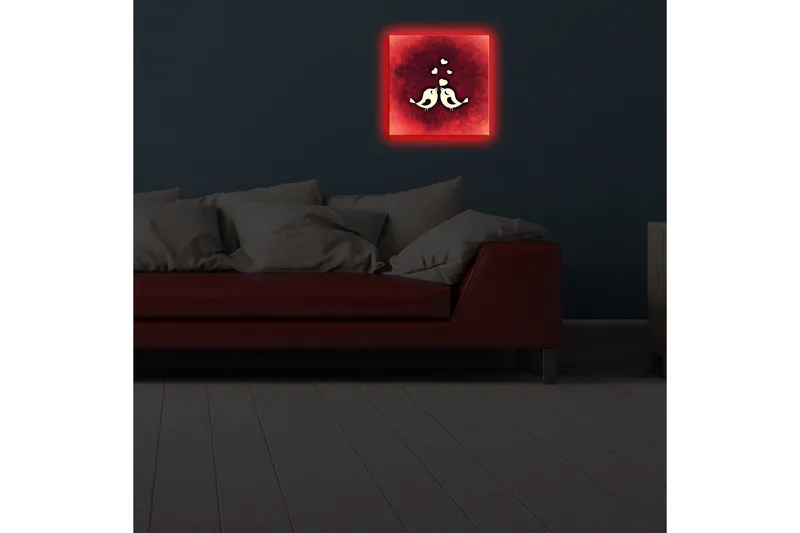 Lerretsbilde med LED-belysning 28x28 cm - Stiliserte fugler i en abstrakt komposisjon - Rød / Hvit - Interiør - Maleri & posters - Lerretsbilder