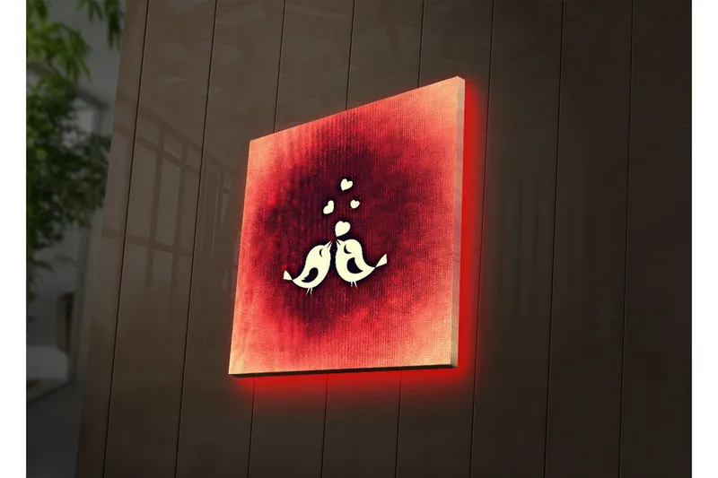 Lerretsbilde med LED-belysning 28x28 cm - Stiliserte fugler i en abstrakt komposisjon - Rød / Hvit - Interiør - Maleri & posters - Lerretsbilder