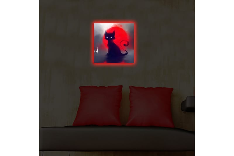 Lerretsbilde med LED-belysning 28x28 cm - Svart katt mot en rød solnedgang - Svart / Rød / Grå - Interiør - Maleri & posters - Lerretsbilder