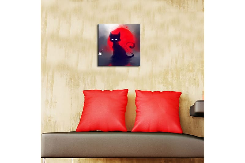 Lerretsbilde med LED-belysning 28x28 cm - Svart katt mot en rød solnedgang - Svart / Rød / Grå - Interiør - Maleri & posters - Lerretsbilder