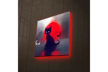 Lerretsbilde med LED-belysning 28x28 cm - Svart katt mot en rød solnedgang - Svart / Rød / Grå - Interiør - Maleri & posters - Lerretsbilder