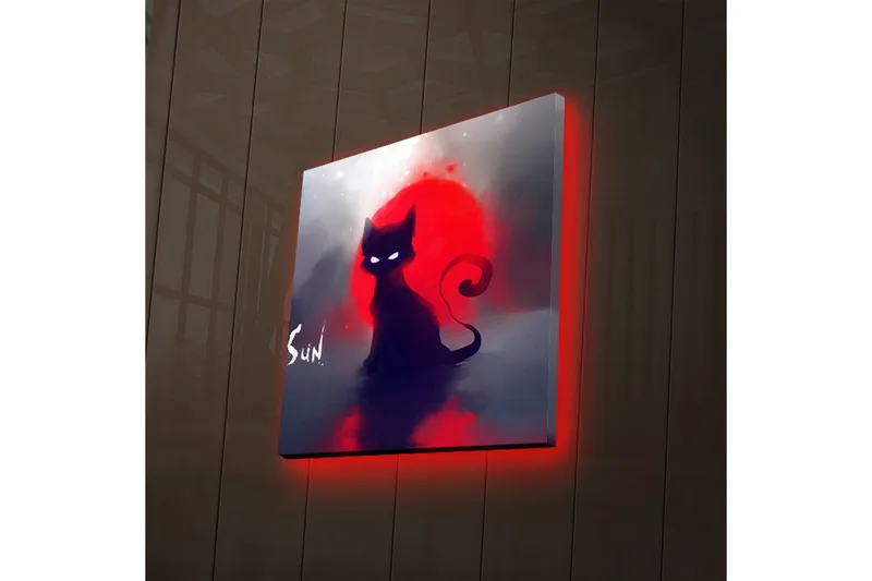 Lerretsbilde med LED-belysning 28x28 cm - Svart katt mot en rød solnedgang - Svart / Rød / Grå - Interiør - Maleri & posters - Lerretsbilder