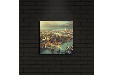 Lerretsbilde med LED-belysning 28x28 cm - Utsikt over en by med en elv og broer - Grønn / Blå / Beige - Interiør - Maleri & posters - Lerretsbilder