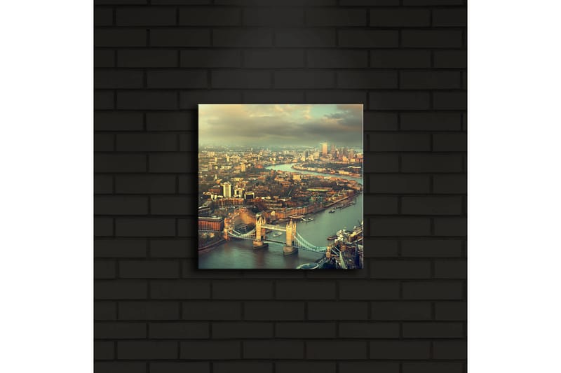 Lerretsbilde med LED-belysning 28x28 cm - Utsikt over en by med en elv og broer - Grønn / Blå / Beige - Interiør - Maleri & posters - Lerretsbilder