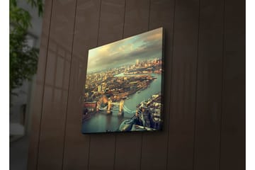 Lerretsbilde med LED-belysning 28x28 cm - Utsikt over en by med en elv og broer - Grønn / Blå / Beige - Interiør - Maleri & posters - Lerretsbilder