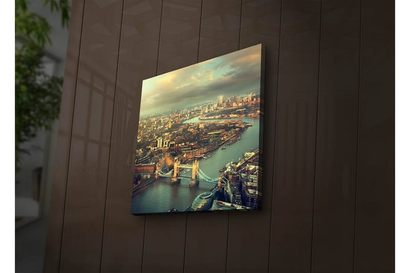 Lerretsbilde med LED-belysning 28x28 cm - Utsikt over en by med en elv og broer - Grønn / Blå / Beige - Interiør - Maleri & posters - Lerretsbilder