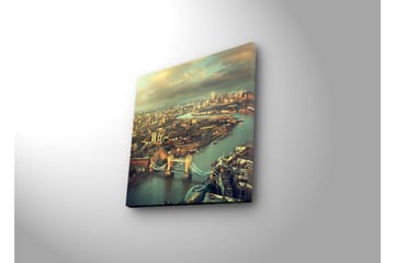 Lerretsbilde med LED-belysning 28x28 cm - Utsikt over en by med en elv og broer - Grønn / Blå / Beige - Interiør - Maleri & posters - Lerretsbilder