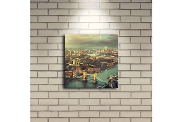 Lerretsbilde med LED-belysning 28x28 cm - Utsikt over en by med en elv og broer - Grønn / Blå / Beige - Interiør - Maleri & posters - Lerretsbilder