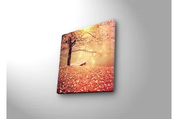 Lerretsbilde med LED-belysning 28x28 cm - Vakker høstscene med et tre og en båt ved en speilblank innsjø - Oransje / Gull / Brun - Interiør - Maleri & posters - Lerretsbilder