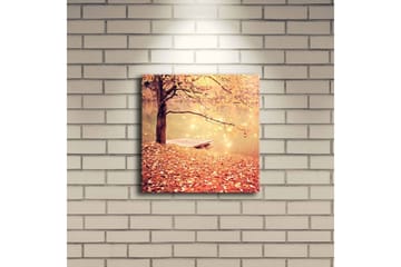 Lerretsbilde med LED-belysning 28x28 cm - Vakker høstscene med et tre og en båt ved en speilblank innsjø - Oransje / Gull / Brun - Interiør - Maleri & posters - Lerretsbilder