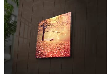 Lerretsbilde med LED-belysning 28x28 cm - Vakker høstscene med et tre og en båt ved en speilblank innsjø - Oransje / Gull / Brun - Interiør - Maleri & posters - Lerretsbilder