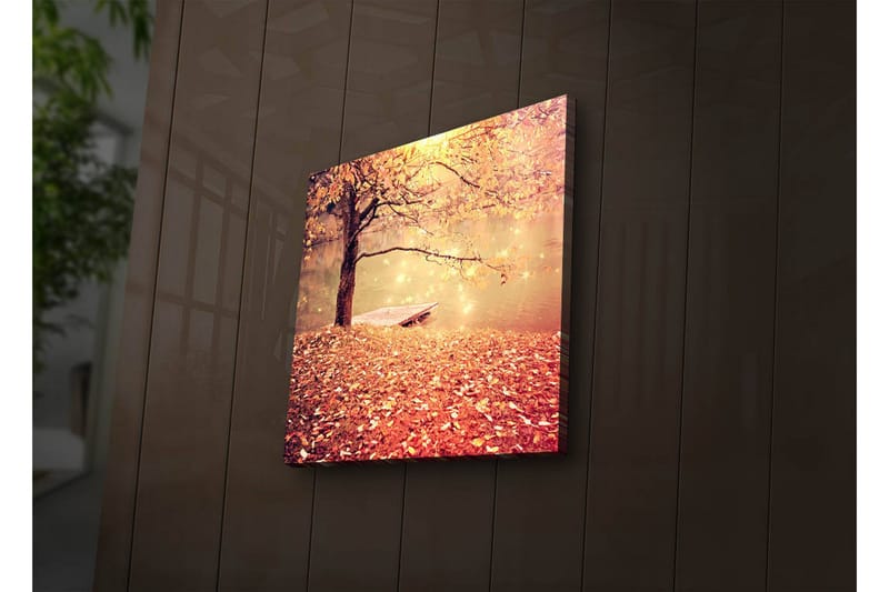 Lerretsbilde med LED-belysning 28x28 cm - Vakker høstscene med et tre og en båt ved en speilblank innsjø - Oransje / Gull / Brun - Interiør - Maleri & posters - Lerretsbilder
