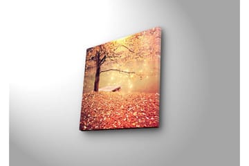 Lerretsbilde med LED-belysning 28x28 cm - Vakker høstscene med et tre og en båt ved en speilblank innsjø - Oransje / Gull / Brun - Interiør - Maleri & posters - Lerretsbilder