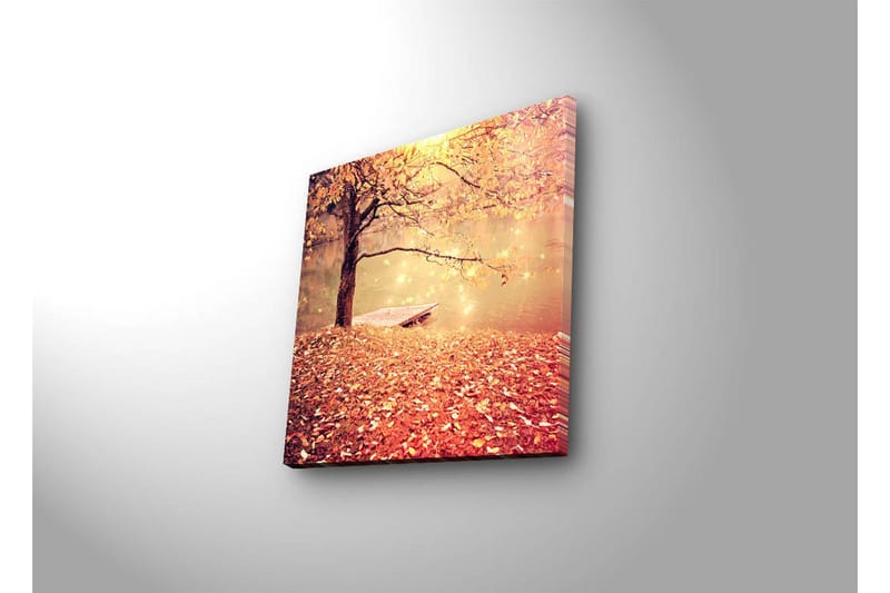 Lerretsbilde med LED-belysning 28x28 cm - Vakker høstscene med et tre og en båt ved en speilblank innsjø - Oransje / Gull / Brun - Interiør - Maleri & posters - Lerretsbilder