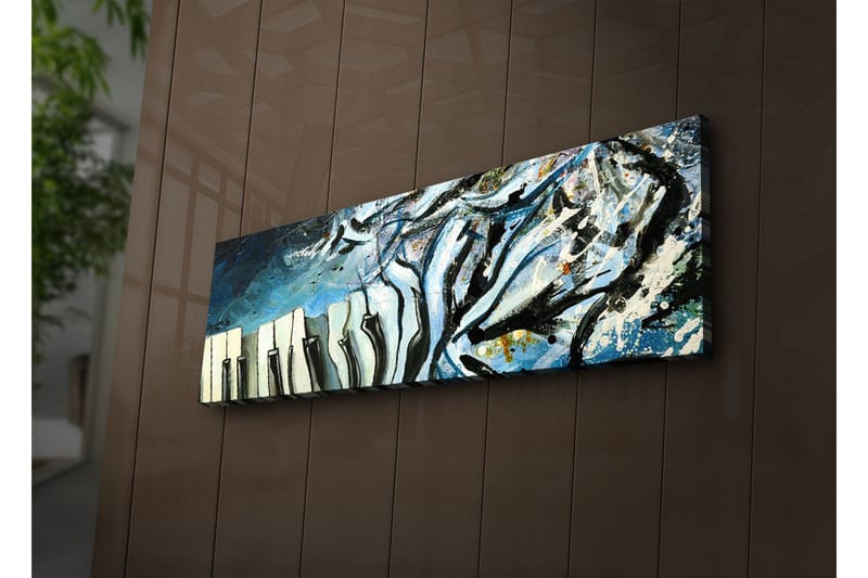 Lerretsbilde med LED-belysning 30x90 cm - Abstrakt komposisjon med pianotangenter og blå nyanser, Blå / Svart / Hvit