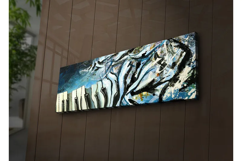 Lerretsbilde med LED-belysning 30x90 cm - Abstrakt komposisjon med pianotangenter og blå nyanser, Blå / Svart / Hvit