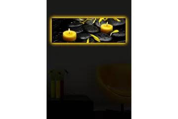 Lerretsbilde med LED-belysning 30x90 cm - Beroligende komposisjon med svarte steiner og brennende lys - Svart / Gul / Grå - Interiør - Maleri & posters - Lerretsbilder