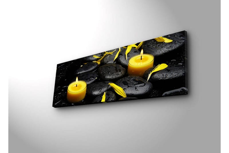 Lerretsbilde med LED-belysning 30x90 cm - Beroligende komposisjon med svarte steiner og brennende lys - Svart / Gul / Grå - Interiør - Maleri & posters - Lerretsbilder