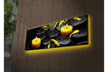 Lerretsbilde med LED-belysning 30x90 cm - Beroligende komposisjon med svarte steiner og brennende lys - Svart / Gul / Grå - Interiør - Maleri & posters - Lerretsbilder