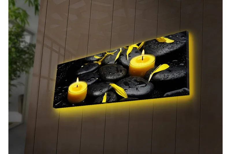 Lerretsbilde med LED-belysning 30x90 cm - Beroligende komposisjon med svarte steiner og brennende lys, Svart / Gul / Grå