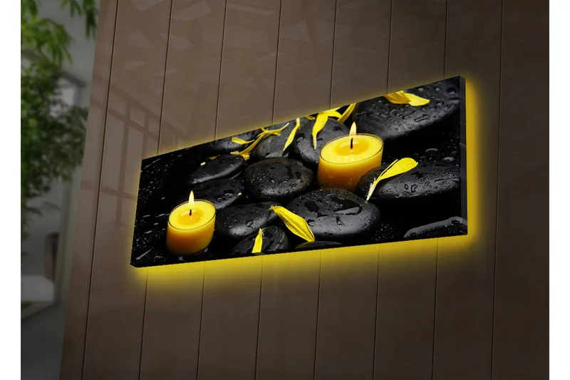 Lerretsbilde med LED-belysning 30x90 cm - Beroligende komposisjon med svarte steiner og brennende lys - Svart / Gul / Grå - Interiør - Maleri & posters - Lerretsbilder