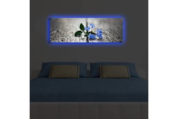 Lerretsbilde med LED-belysning 30x90 cm - Blomster som vokser mellom sprekker i en treflate - Blå / Grønn / Grå - Interiør - Maleri & posters - Lerretsbilder