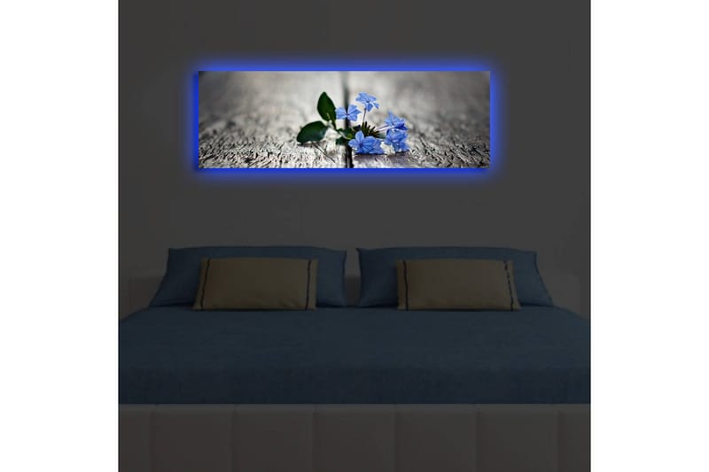 Lerretsbilde med LED-belysning 30x90 cm - Blomster som vokser mellom sprekker i en treflate - Blå / Grønn / Grå - Interiør - Maleri & posters - Lerretsbilder