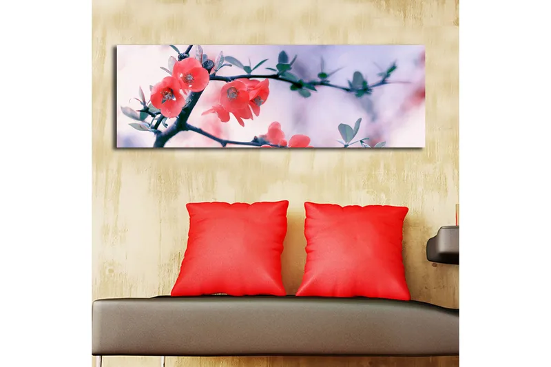 Lerretsbilde med LED-belysning 30x90 cm - Blomstrende kvist med rosa blomster - Rosa / Grønn / Hvit - Interiør - Maleri & posters - Lerretsbilder