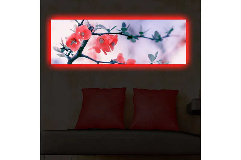 Lerretsbilde med LED-belysning 30x90 cm - Blomstrende kvist med rosa blomster - Rosa / Grønn / Hvit - Interiør - Maleri & posters - Lerretsbilder