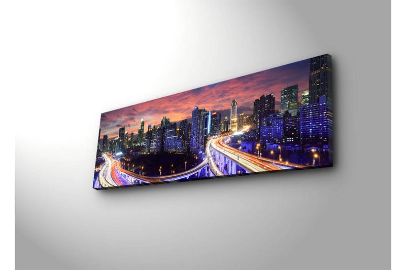 Lerretsbilde med LED-belysning 30x90 cm - Bysilhuett i skumringen med lysstråler fra veiene - Mørk blå / Oransje / Lilla - Interiør - Maleri & posters - Lerretsbilder