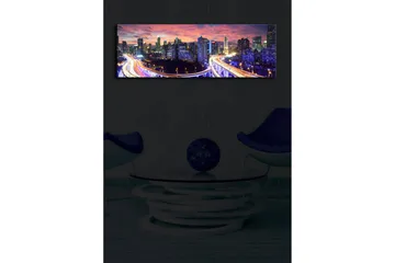 Lerretsbilde med LED-belysning 30x90 cm - Bysilhuett i skumringen med lysstråler fra veiene - Mørk blå / Oransje / Lilla - Interiør - Maleri & posters - Lerretsbilder