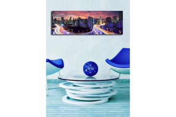 Lerretsbilde med LED-belysning 30x90 cm - Bysilhuett i skumringen med lysstråler fra veiene - Mørk blå / Oransje / Lilla - Interiør - Maleri & posters - Lerretsbilder