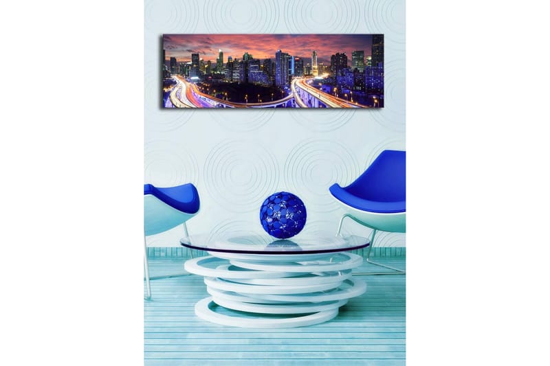 Lerretsbilde med LED-belysning 30x90 cm - Bysilhuett i skumringen med lysstråler fra veiene - Mørk blå / Oransje / Lilla - Interiør - Maleri & posters - Lerretsbilder