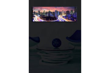 Lerretsbilde med LED-belysning 30x90 cm - Bysilhuett i skumringen med lysstråler fra veiene - Mørk blå / Oransje / Lilla - Interiør - Maleri & posters - Lerretsbilder