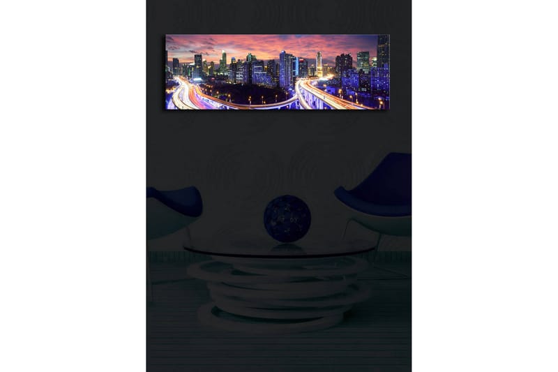 Lerretsbilde med LED-belysning 30x90 cm - Bysilhuett i skumringen med lysstråler fra veiene - Mørk blå / Oransje / Lilla - Interiør - Maleri & posters - Lerretsbilder