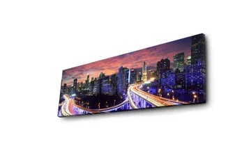Lerretsbilde med LED-belysning 30x90 cm - Bysilhuett i skumringen med lysstråler fra veiene - Mørk blå / Oransje / Lilla - Interiør - Maleri & posters - Lerretsbilder