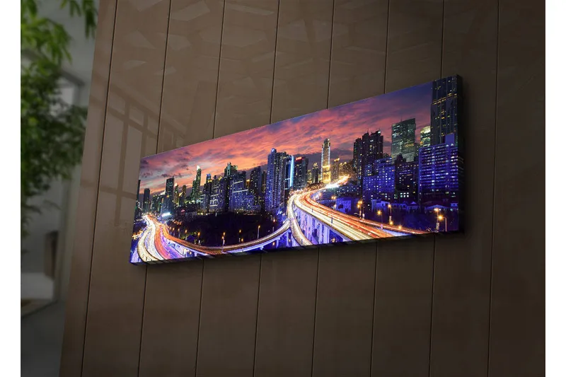 Lerretsbilde med LED-belysning 30x90 cm - Bysilhuett i skumringen med lysstråler fra veiene - Mørk blå / Oransje / Lilla - Interiør - Maleri & posters - Lerretsbilder