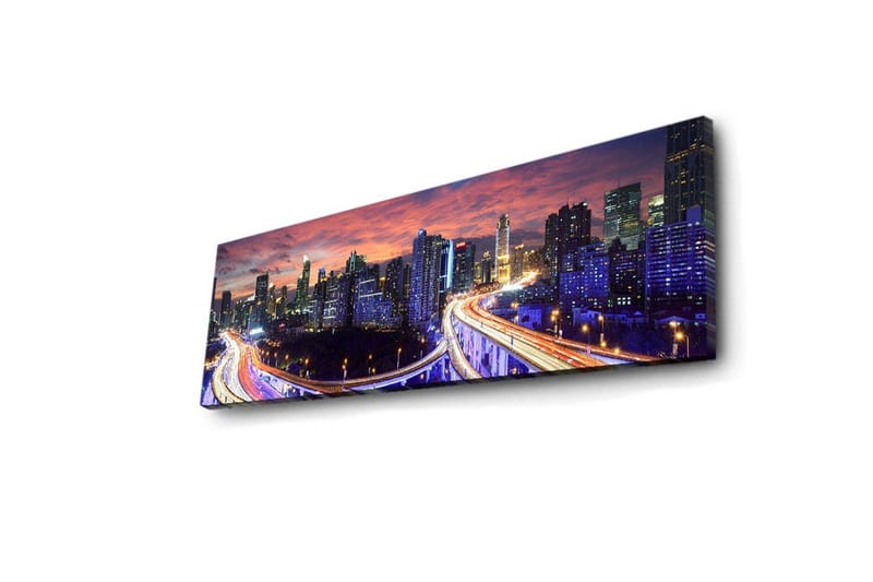 Lerretsbilde med LED-belysning 30x90 cm - Bysilhuett i skumringen med lysstråler fra veiene - Mørk blå / Oransje / Lilla - Interiør - Maleri & posters - Lerretsbilder