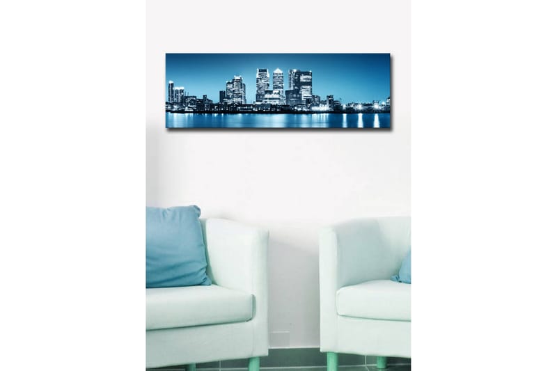 Lerretsbilde med LED-belysning 30x90 cm - Bysilhuett med moderne skyskrapere ved vannkanten - Blå / Svart / Hvit - Interiør - Maleri & posters - Lerretsbilder