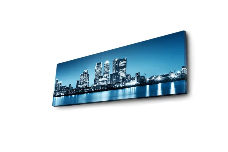 Lerretsbilde med LED-belysning 30x90 cm - Bysilhuett med moderne skyskrapere ved vannkanten - Blå / Svart / Hvit - Interiør - Maleri & posters - Lerretsbilder