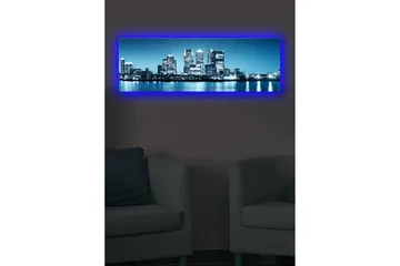 Lerretsbilde med LED-belysning 30x90 cm - Bysilhuett med moderne skyskrapere ved vannkanten - Blå / Svart / Hvit - Interiør - Maleri & posters - Lerretsbilder