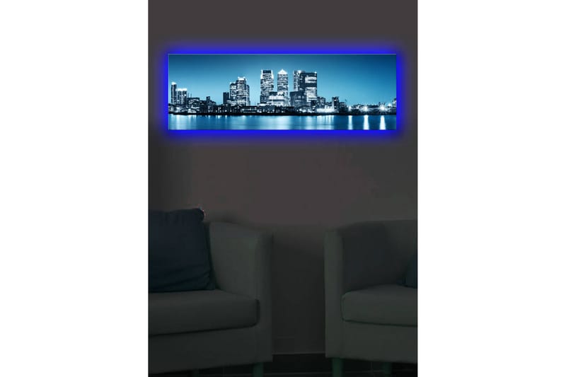 Lerretsbilde med LED-belysning 30x90 cm - Bysilhuett med moderne skyskrapere ved vannkanten - Blå / Svart / Hvit - Interiør - Maleri & posters - Lerretsbilder
