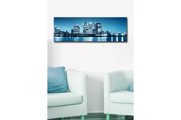 Lerretsbilde med LED-belysning 30x90 cm - Bysilhuett med moderne skyskrapere ved vannkanten - Blå / Svart / Hvit - Interiør - Maleri & posters - Lerretsbilder