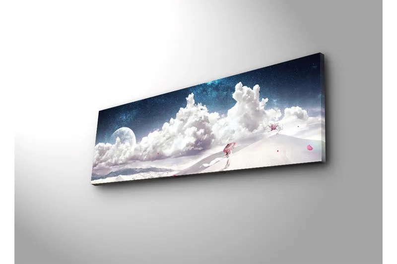 Lerretsbilde med LED-belysning 30x90 cm - Drømmeaktig landskap med en enslig figur som bærer en paraply i et snødekt miljø under en stjerneklar himmel - Blå / Hvit / Rosa - Interiør - Maleri & posters - Lerretsbilder