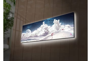 Lerretsbilde med LED-belysning 30x90 cm - Drømmeaktig landskap med en enslig figur som bærer en paraply i et snødekt miljø under en stjerneklar himmel - Blå / Hvit / Rosa - Interiør - Maleri & posters - Lerretsbilder