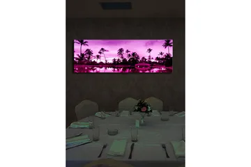 Lerretsbilde med LED-belysning 30x90 cm - Drømmende strandscene med palmer i skumringslyset - Lilla / Svart - Interiør - Maleri & posters - Lerretsbilder