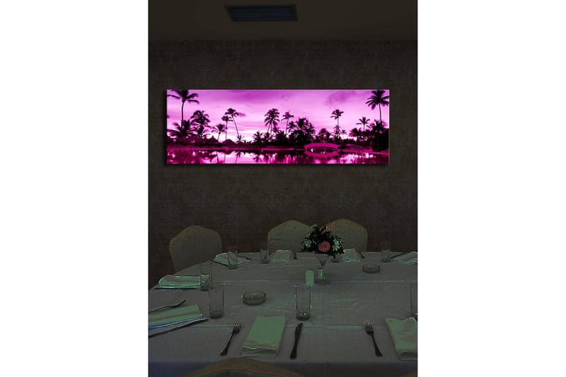 Lerretsbilde med LED-belysning 30x90 cm - Drømmende strandscene med palmer i skumringslyset - Lilla / Svart - Interiør - Maleri & posters - Lerretsbilder