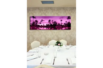 Lerretsbilde med LED-belysning 30x90 cm - Drømmende strandscene med palmer i skumringslyset - Lilla / Svart - Interiør - Maleri & posters - Lerretsbilder
