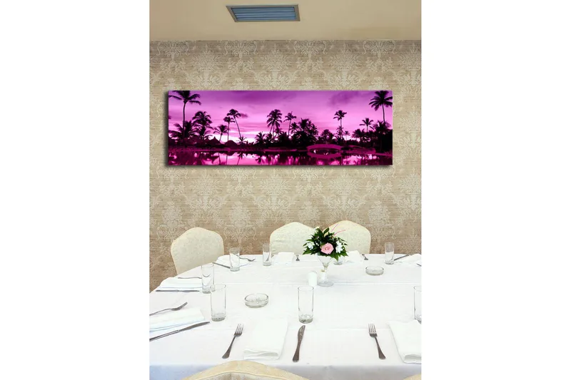 Lerretsbilde med LED-belysning 30x90 cm - Drømmende strandscene med palmer i skumringslyset - Lilla / Svart - Interiør - Maleri & posters - Lerretsbilder