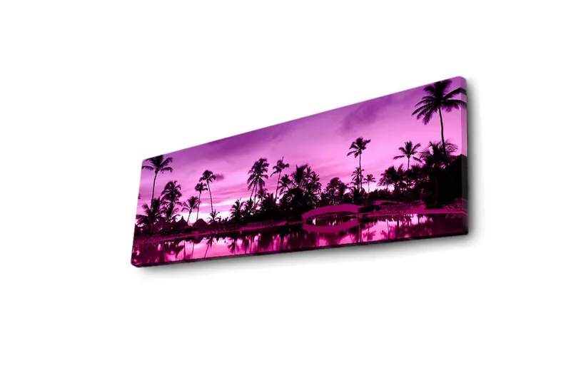 Lerretsbilde med LED-belysning 30x90 cm - Drømmende strandscene med palmer i skumringslyset - Lilla / Svart - Interiør - Maleri & posters - Lerretsbilder